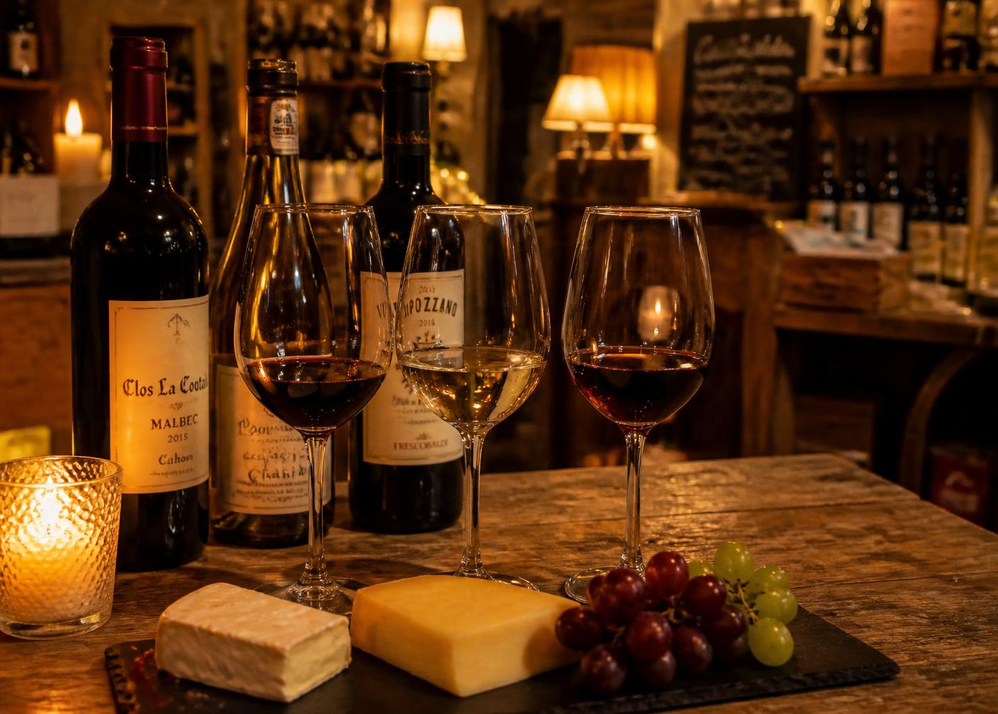 Weingläser, Wein und Käse bei einer Weinkost im Kerzenschein
